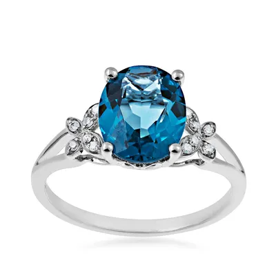 Impulse Collection Oval London Blue Topaz & Diamond Accent Floral Split Shank Ring 14K White Gold