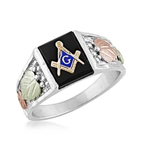 Black Hills Gold Men's Rectangle Onyx Masonic Ring Sterling Silver