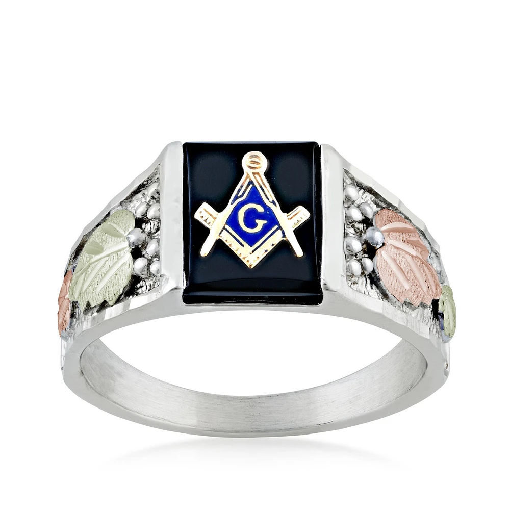 Black Hills Gold Men's Rectangle Onyx Masonic Ring Sterling Silver