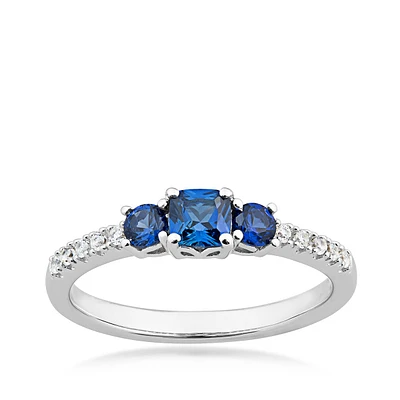 3-Stone Created Cushion Cut Blue & White Sapphire Stackable Ring Sterling Silver