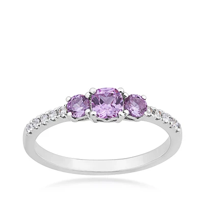 3-Stone Created Cushion Pink & White Sapphire Stackable Ring Sterling Silver