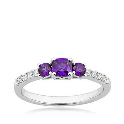 Genuine Cushion Cut & Round Amethyst Stackable Ring with Created White Sapphire Band Sterling Silver - R247752SSH017