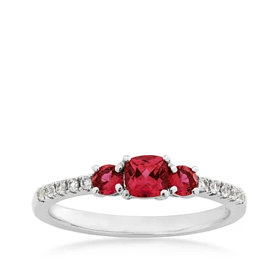 3-Stone Created Cushion Cut Ruby & White Sapphire Stackable Ring Sterling Silver