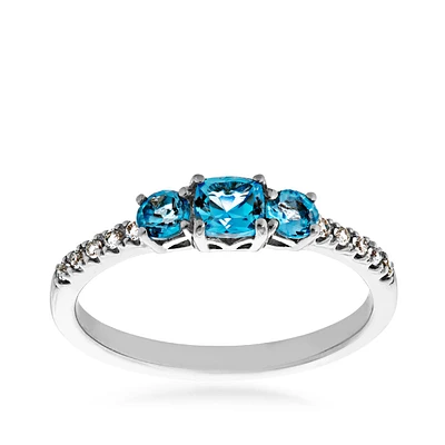 3-Stone Cushion Swiss Blue Topaz & Created White Sapphire Stackable Ring Sterling Silver
