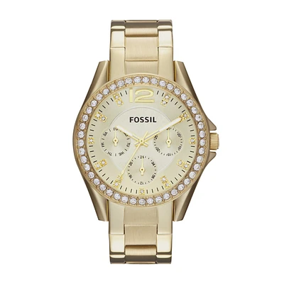 Fossil Ladies' Riley Quartz Multi-Function Gold-Tone Stainless Steel Watch with Crystal Accent Champagne Dial