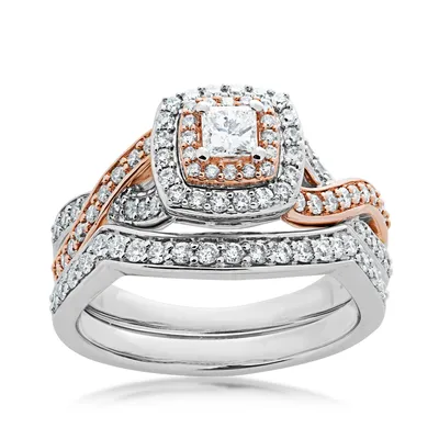Natural 1 ct. tw. Princess Cut Diamond Double Halo Wedding Set 14K White & Pink Gold
