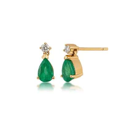 Pear Emerald & Diamond Accent Drop Earrings in 10K Yellow Gold