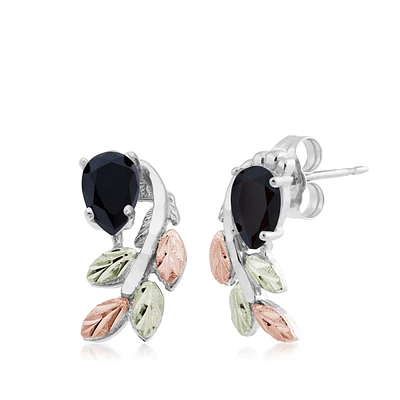 Black Hills Gold Pear Onyx & Leaf Branch Earrings in Sterling Silver