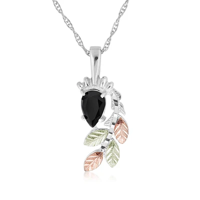 Black Hills Gold Pear Onyx & Leaf Branch Pendant in Sterling Silver