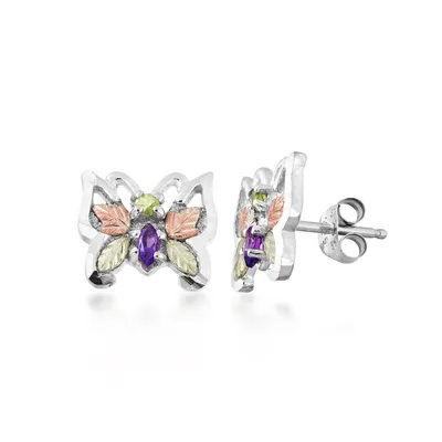 Black Hills Gold Marquise Amethyst & Round Peridot Butterfly Earrings in Sterling Silver