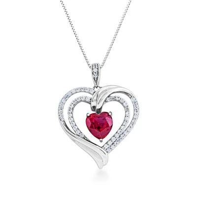 Created Heart-Shaped Ruby and White Sapphire Double-Heart Pendant in Sterling Silver 