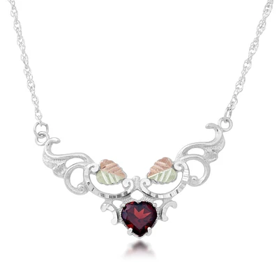 Black Hills Gold Heart Garnet Filigree & Two-Tone Leaf Necklace in Sterling Silver