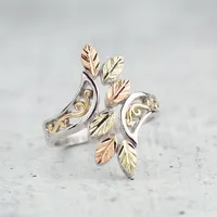 Black Hills Gold Leaf & Filigree Bypass Ring Sterling Silver 10K Yellow