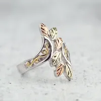 Black Hills Gold Leaf & Filigree Bypass Ring Sterling Silver 10K Yellow