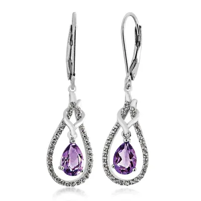 Genuine Pear Shaped Amethyst & Created White Sapphire Dangle Earrings in Sterling Silver - FE30257AMECWS 