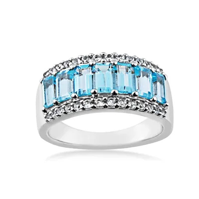 Genuine Emerald Cut Blue Topaz Fashion Ring with White Sapphire Accents Sterling Silver - ZR9219SC00388