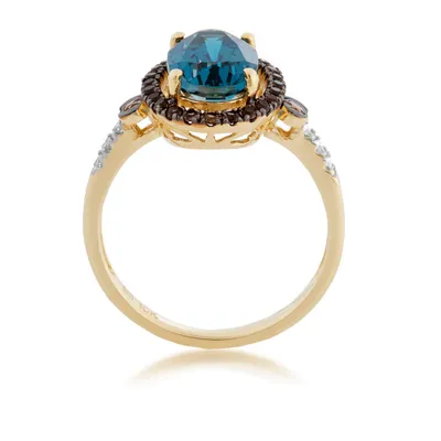 Oval London Blue Topaz, Smokey Quartz Halo & Diamond Accent Ring 10K Yellow Gold