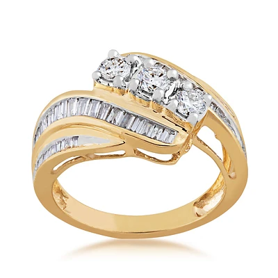 1 ct. tw. Three Stone Prong-Set Fashion Diamond Ring with Side Channel Baguette Diamonds 10K Yellow Gold - SKR16370@-100