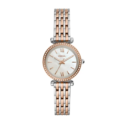 Fossil Ladies' Carlie Quartz White & Rose Gold-Tone Stainless Steel Watch with Crystal Accent Mother of Pearl Dial