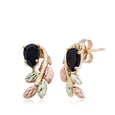 Black Hills Gold Pear Onyx Hanging Vine Earrings in 10K Yellow Gold