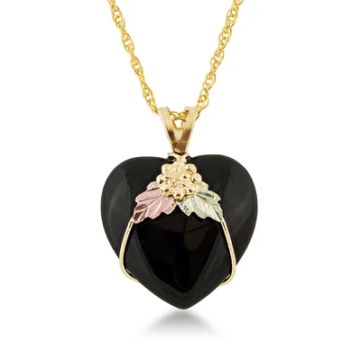 Black Hills Gold Heart Onyx Grape Cluster & Leaf Pendant in 10K Yellow Gold