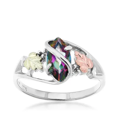 Black Hills Gold Marquise Mystic Fire Topaz Double Leaf & Grapevine Ring Sterling Silver