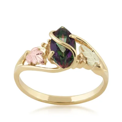 Black Hills Gold Marquise Mystic Fire Topaz Double Leaf & Grapevine Ring 10K Yellow