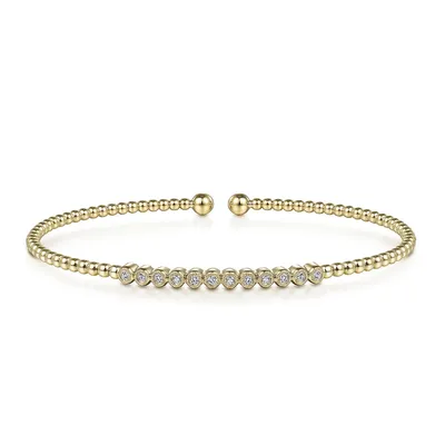 Gabriel & Co. 1/7 ct. tw. Diamond Bezel Set Station Beaded Bujukan Cuff Bracelet in 14K Yellow Gold