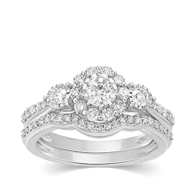 9/10 ct. tw. 3-Stone Round Brilliant Diamond Wedding Set with Miracle Plated & Halo 10K White Gold