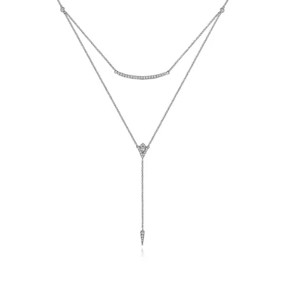 Gabriel & Co. 3/8 ct. tw. Layered Curved Bar and Diamond Drop Y Necklace in 14K White Gold