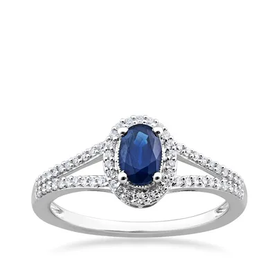 Oval Sapphire and 1/6 ct. tw. Diamond Halo Split Shank Ring 10K White Gold