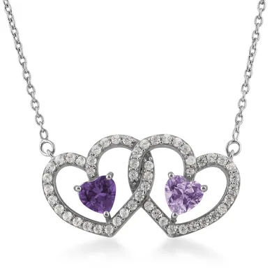 Heart Shaped Amethyst and Created White Sapphire Double Heart Pendant in Sterling Silver