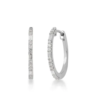 1/2 ct. tw. Round & Baguette Diamond Hoop Earrings in 14K White Gold