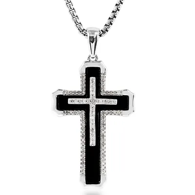 1/4 ct. tw. Diamond and Onyx Cross Pendant in Sterling Silver