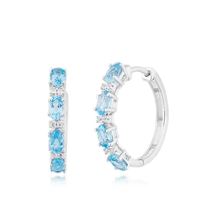 Blue Topaz and Created White Sapphire Hoop Earrings in Sterling Silver - 482907EFP211