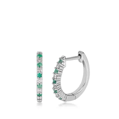 Emerald & 1/8 ct. tw. Diamond Hoop Earrings in 10K White Gold