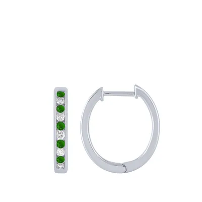 Emerald & 1/4 ct. tw. Diamond Channel Set Hoop Earrings in 10K White Gold