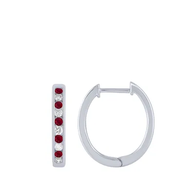 Ruby & 1/4 ct. tw. Diamond Channel Set Hoop Earrings in 10K White Gold