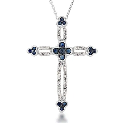 Sapphire and 1/5 ct. tw. Diamond Cross Pendant in 10K White Gold