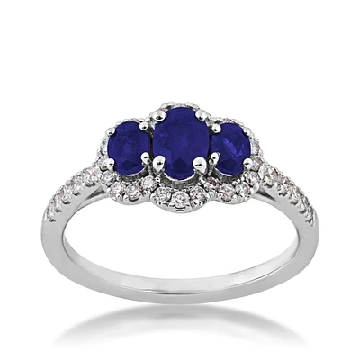 3-Stone Oval Sapphire & 1/3 ct. tw. Diamond Halo Ring 14K White Gold