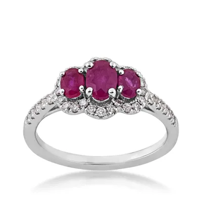 3-Stone Oval Ruby & 1/3 ct. tw. Diamond Halo Ring 14K White Gold