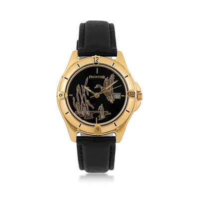 Frontier Men's Duck Watch in Gold-Tone Stainless Steel with Black Leather Band & Black Dial