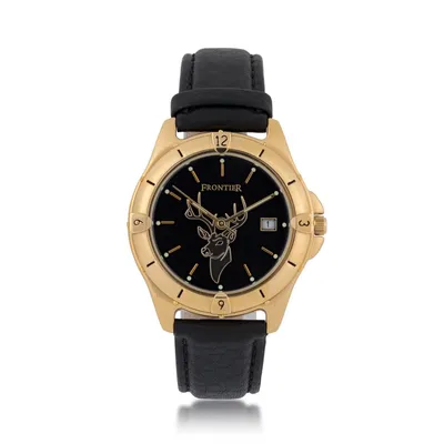 Frontier Men's Deer Watch in Gold-Tone Stainless Steel with Black Leather Band & Black Dial