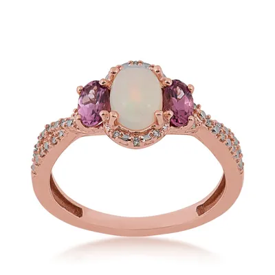 3-Stone Oval Opal, Pink Rhodolite Garnet & Diamond Accent Ring 10K Gold