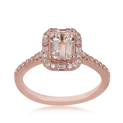 Emerald Cut Morganite & 1/10 ct. tw. Diamond Garnet Halo Ring 10K Pink Gold