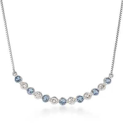 Yogo Sapphire & 1/4 ct. tw. Diamond Curved Bar Necklace in 10K White Gold