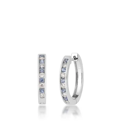 Yogo Sapphire & 1/4 ct. tw. Diamond Channel Set Hoop Earrings in 10K White Gold