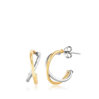 Crossover Double Hoop Earrings in 14K White & Yellow Gold