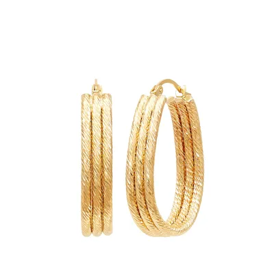 3-Row Diamond Cut Oval Hoop Earrings in 14K Yellow Gold