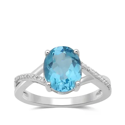 Oval Swiss Blue Topaz & Diamond Accent Ring with Twist Band 10K White Gold